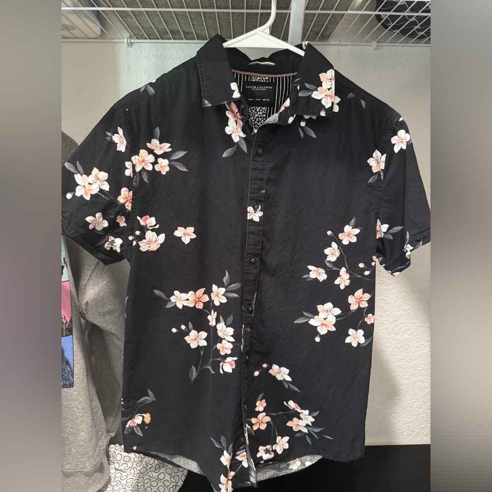 Denim & Flower Ricky Singh Black Pink Floral Button Up Short Sleeve Shirt Size S